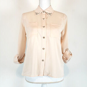 NEW!! Pink Owl Blouse SIZE M Skull Novelty Roll Tab Sleeve Chiffon Tunic Top